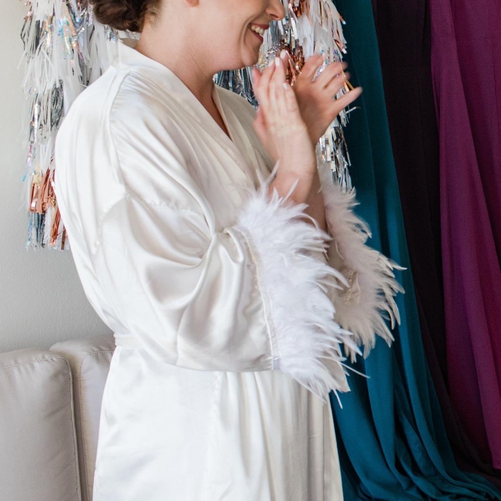 White Satin Bridal Robe Luxe Feathers (Handmade)